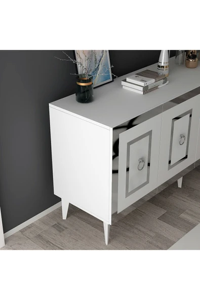 cantek dizayn Karrya Konsol 4 Kapaklı Raflı Beyaz-gümüş - Resim 5
