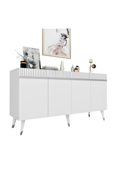 cantek dizayn Dört Kapaklı Lazer Desenli Defne Konsol Beyaz-gümüş - Resim 6