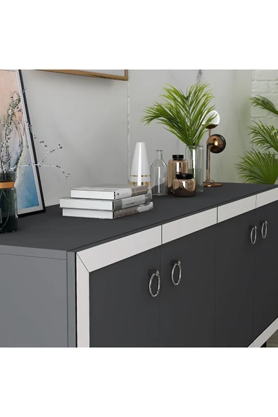 cantek dizayn DÖRT KAPAKLI 150 CM SELEN KONSOL ANTRASİT-BEYAZ - Resim 3