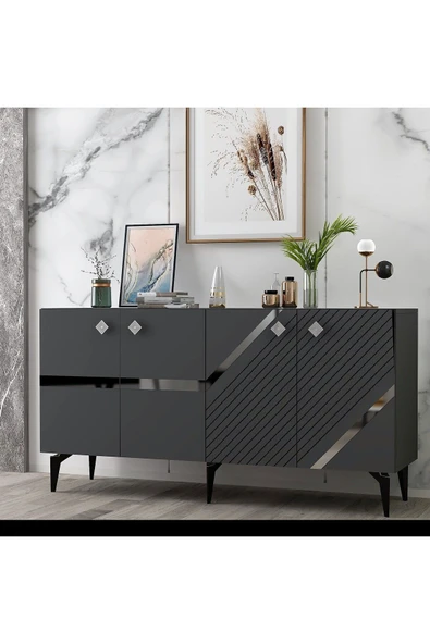 cantek dizayn İRRİS KONSOL 4 KAPAKLI RAFLI ANTRASİT-GÜMÜŞ - Resim 2