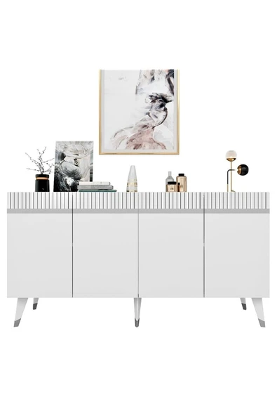 cantek dizayn Dört Kapaklı Lazer Desenli Defne Konsol Beyaz-gümüş - Resim 5