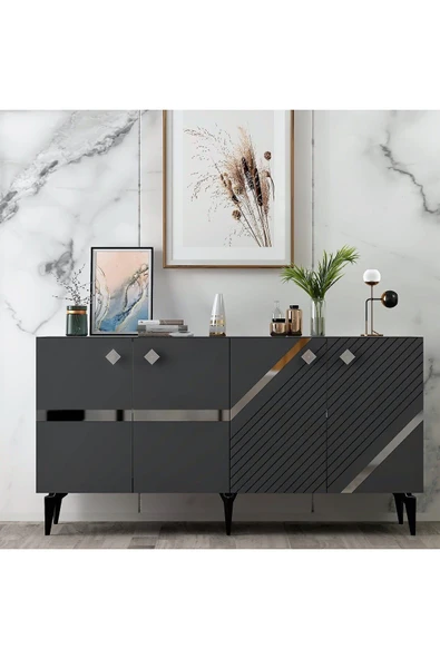 cantek dizayn İRRİS KONSOL 4 KAPAKLI RAFLI ANTRASİT-GÜMÜŞ ürün görseli