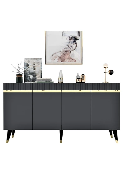 cantek dizayn Dört Kapaklı Lazer Desenli Defne Konsol Antrasit-altın - Resim 8