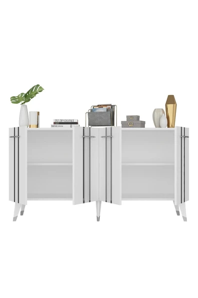 cantek dizayn Dört Kapaklı Gümüş Kulp Beyaz Ayaklı Asel Konsol Beyaz-gümüş - Resim 7