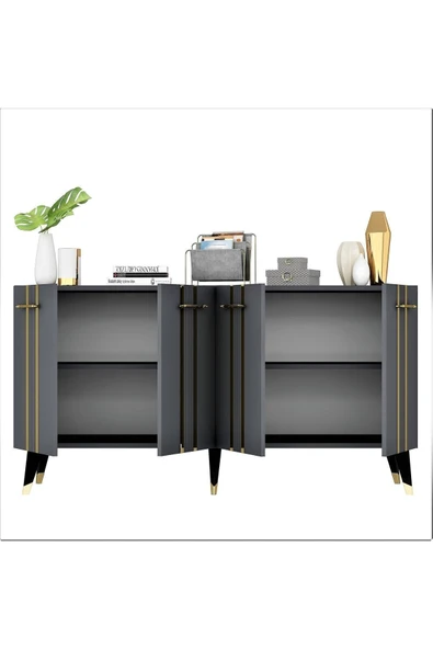 cantek dizayn Dört Kapaklı Altın-kulp Siyah Ayaklı Asel Konsol Antrasit-altın - 6