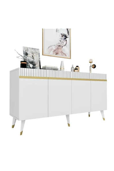 cantek dizayn Dört Kapaklı Lazer Desenli Defne Konsol Beyaz-altın - Resim 7