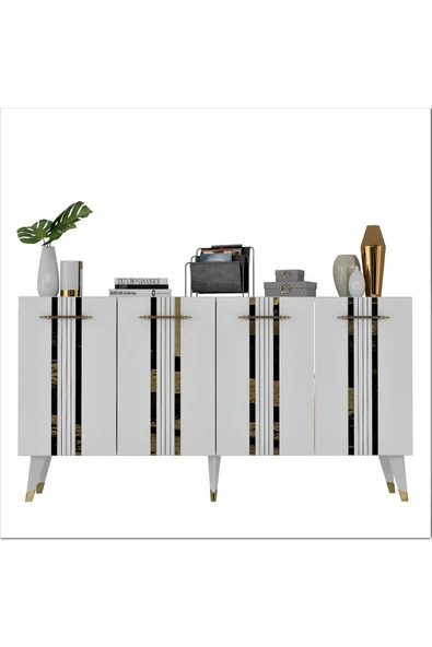 cantek dizayn Dört Kapaklı Altın-kulp Beyaz Ayaklı Asel Konsol Beyaz-altın - Resim 6