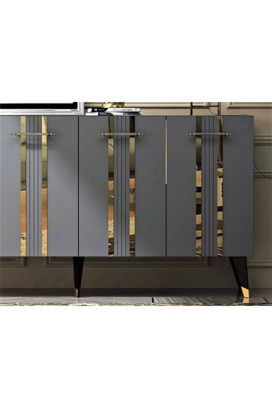 cantek dizayn Dört Kapaklı Altın-kulp Siyah Ayaklı Asel Konsol Antrasit-altın - 3