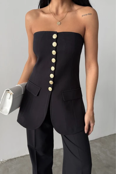 TASARIM GOLD DÜĞMELİ STRABLEZYELEK - Siyah - Resim 4