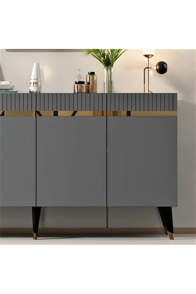 cantek dizayn Dört Kapaklı Lazer Desenli Defne Konsol Antrasit-altın - Resim 3
