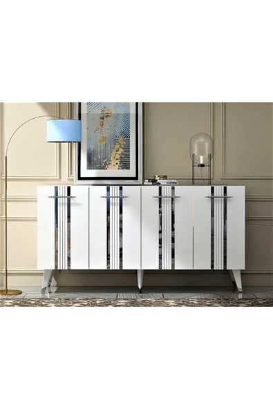 cantek dizayn Dört Kapaklı Gümüş Kulp Beyaz Ayaklı Asel Konsol Beyaz-gümüş ürün görseli