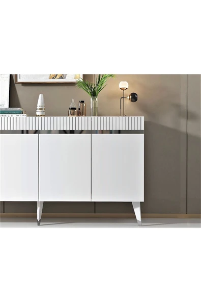 cantek dizayn Dört Kapaklı Lazer Desenli Defne Konsol Beyaz-gümüş - Resim 4