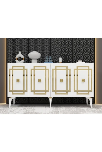 cantek dizayn LOTTUS KONSOL 4 KAPAKLI RAFLI BEYAZ-ALTIN ürün görseli