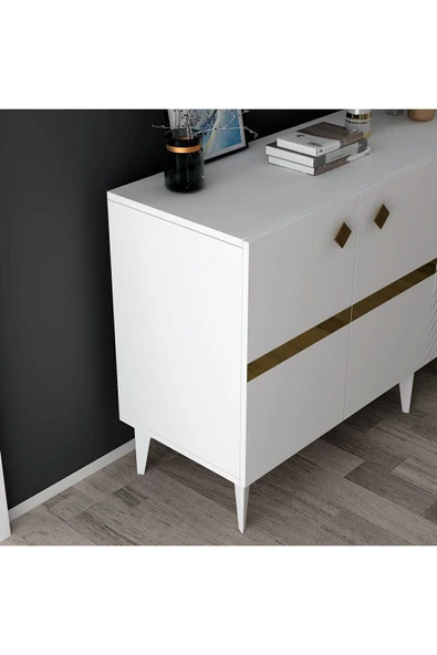 cantek dizayn İRRİS KONSOL 4 KAPAKLI RAFLI BEYAZ-ALTIN - Resim 5