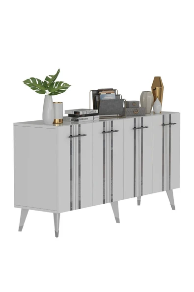 cantek dizayn Dört Kapaklı Gümüş Kulp Beyaz Ayaklı Asel Konsol Beyaz-gümüş - Resim 6