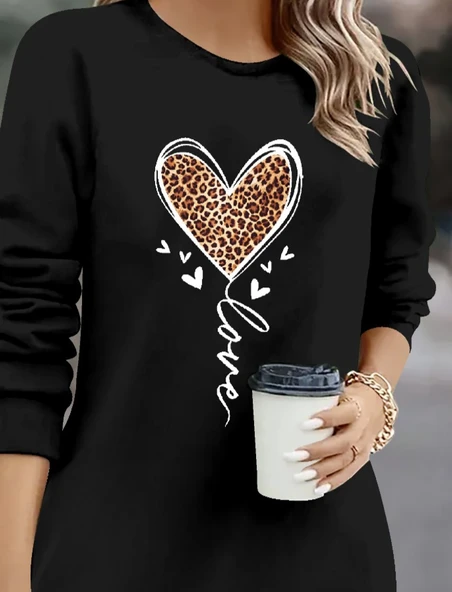 Kadın Uzun Kollu Bisiklet Yaka Kalp Desenli Kısa Viskon Elbise - Resim 2