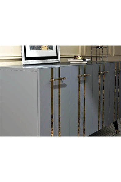 cantek dizayn Dört Kapaklı Altın-kulp Siyah Ayaklı Asel Konsol Antrasit-altın - 5