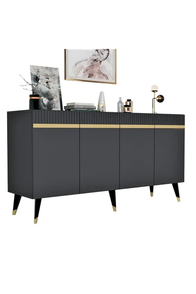 cantek dizayn Dört Kapaklı Lazer Desenli Defne Konsol Antrasit-altın - Resim 6