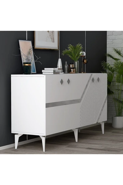 cantek dizayn İRRİS KONSOL 4 KAPAKLI RAFLI BEYAZ-GÜMÜŞ - Resim 3