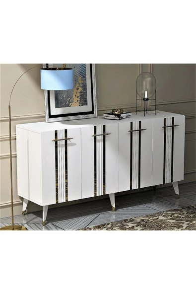 cantek dizayn Dört Kapaklı Altın-kulp Beyaz Ayaklı Asel Konsol Beyaz-altın - Resim 3