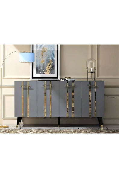 cantek dizayn Dört Kapaklı Altın-kulp Siyah Ayaklı Asel Konsol Antrasit-altın