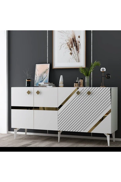 cantek dizayn İRRİS KONSOL 4 KAPAKLI RAFLI BEYAZ-ALTIN - Resim 2