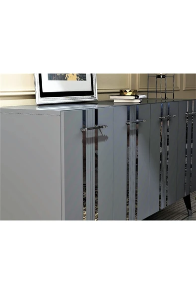 cantek dizayn Dört Kapaklı Gümüş Kulp Siyah Ayaklı Asel Konsol Antrasit-gümüş - Resim 3