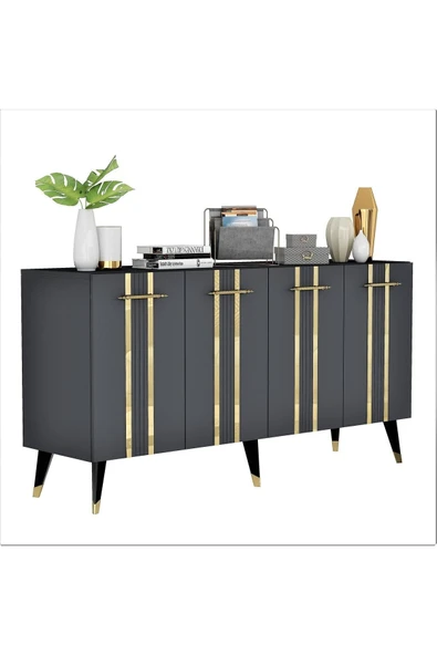 cantek dizayn Dört Kapaklı Altın-kulp Siyah Ayaklı Asel Konsol Antrasit-altın - 4