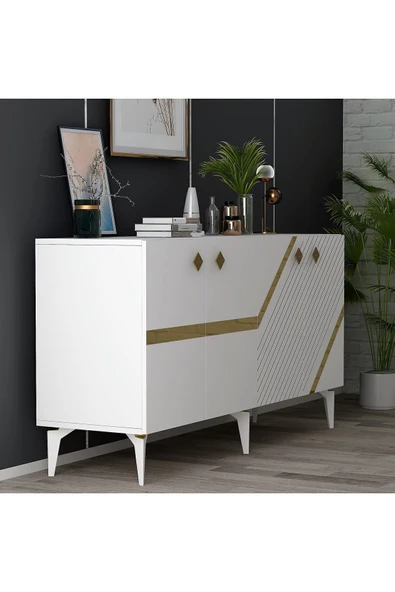 cantek dizayn İRRİS KONSOL 4 KAPAKLI RAFLI BEYAZ-ALTIN - Resim 3