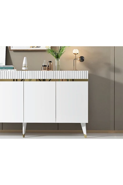 cantek dizayn Dört Kapaklı Lazer Desenli Defne Konsol Beyaz-altın - Resim 3