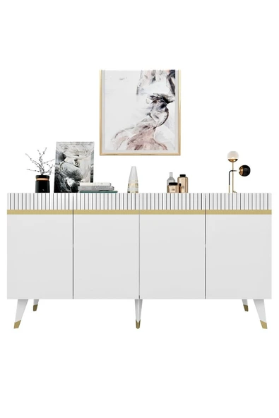 cantek dizayn Dört Kapaklı Lazer Desenli Defne Konsol Beyaz-altın - Resim 4