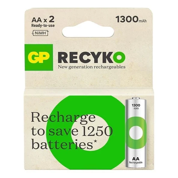 GP ReCyko 1300 mAh Ni-Mh 1.2 Volt AA Kalem Şarjlı Pil 2li Paket - Resim 2