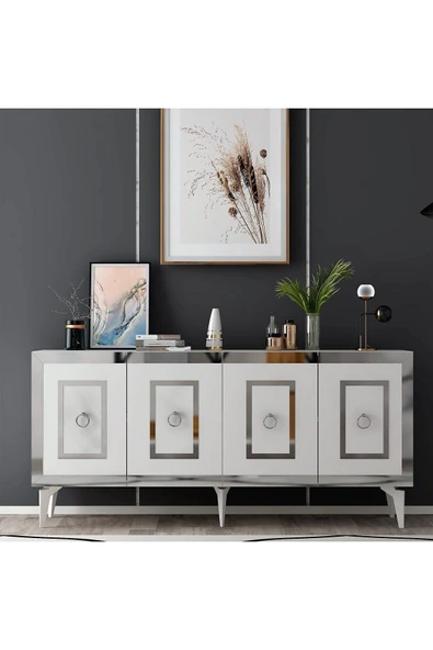 cantek dizayn Karrya Konsol 4 Kapaklı Raflı Beyaz-gümüş ürün görseli