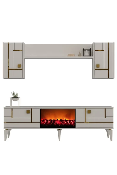 cantek dizayn MADDERA ŞÖMİNELİ TV ÜNİTESİ TAKIMI BEYAZ-ALTIN - 3