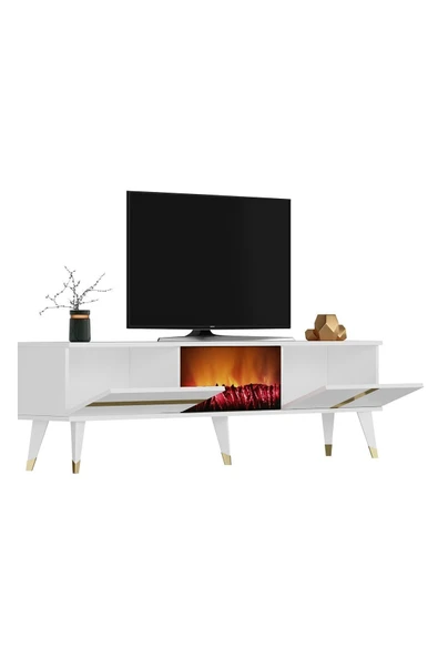 cantek dizayn Vannia Tv Sehpası Şömineli (ALT MODÜL) Beyaz-altın - Resim 5