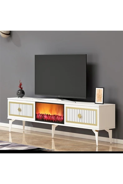 cantek dizayn Flame Şömineli Tv Sehpası (ALT MODÜL) Beyaz-altın - Resim 2