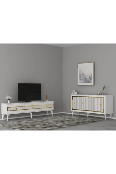 cantek dizayn NOVA TV SEHPASI (alt modül) ve KONSOL 2'Lİ SALON TAKIMI BEYAZ-ALTIN ürün görseli