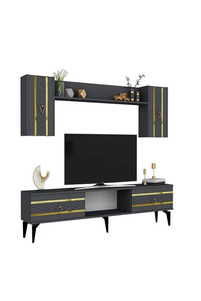 cantek dizayn PELLİN TV ÜNİTESİ TAKIMI ANTRASİT-ALTIN - 5