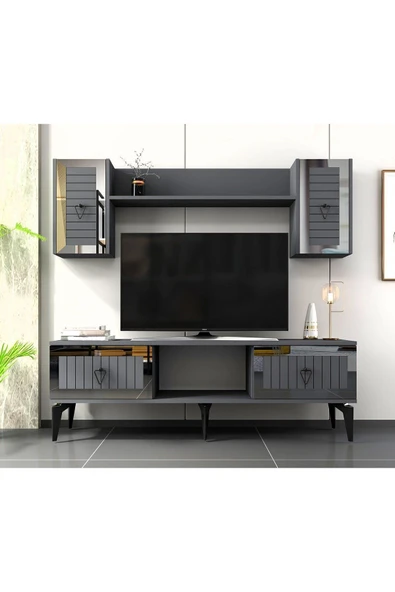 cantek dizayn LİNDA RAFLI TV ÜNİTESİ TAKIMI ANTRASİT-GÜMÜŞ ürün görseli