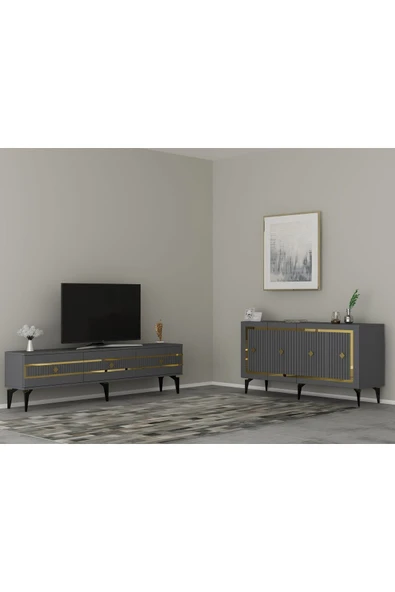 cantek dizayn NOVA TV SEHPASI (alt modül) ve KONSOL 2'Lİ SALON TAKIMI ANTRASİT-ALTIN ürün görseli