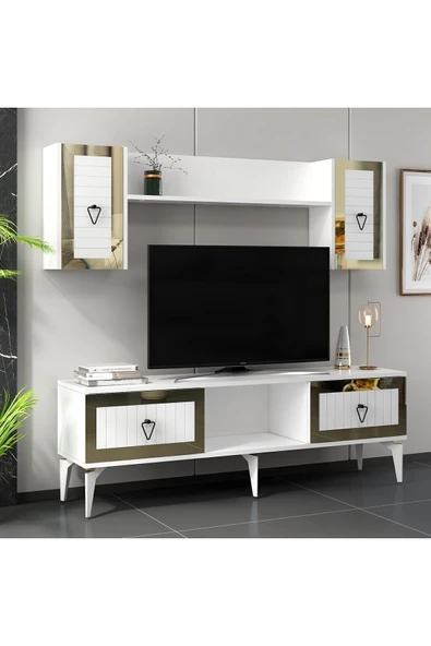 cantek dizayn LİNDA RAFLI TV ÜNİTESİ TAKIMI BEYAZ-ALTIN - Resim 3