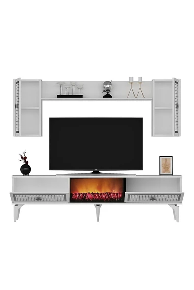 cantek dizayn Flame Şömineli Tv Ünitesi Takımı Beyaz-gümüş - 6