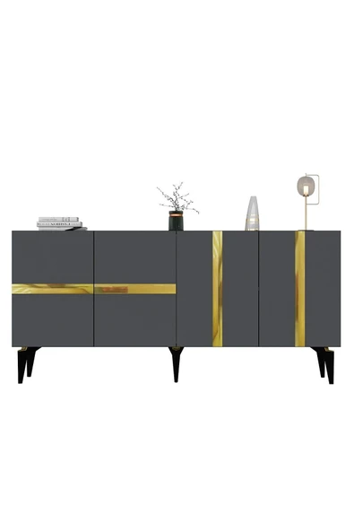 cantek dizayn VANNİA TV SEHPASI ve KONSOL 2'li SALON TAKIMI ANTRASİT-ALTIN - Resim 7
