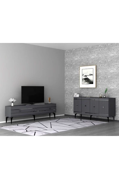 cantek dizayn LENORA TV SEHPASI (alt modül) ve KONSOL 2'Lİ SALON TAKIMI ANTRASİT-GÜMÜŞ ürün görseli