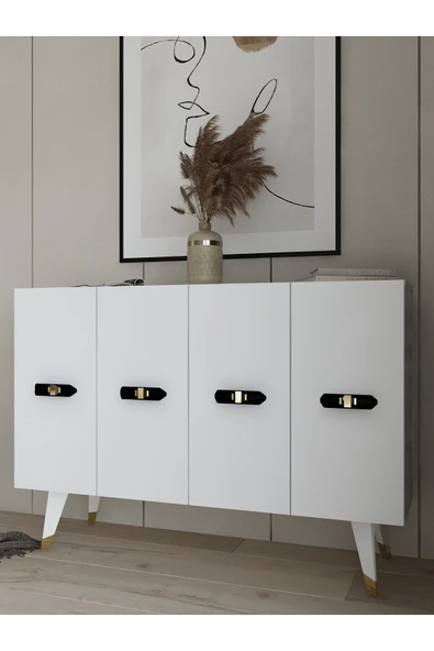 cantek dizayn Quartct (KM120) Konsol, Çok Amaçlı Dolap Beyaz-altın (V KULP) - Resim 2