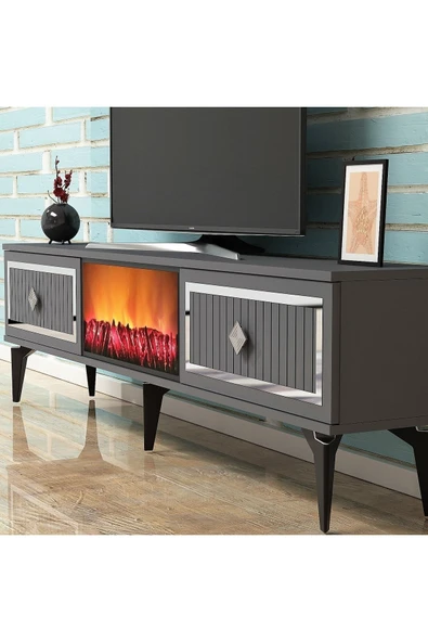 cantek dizayn Flame Şömineli Tv Sehpası (ALT MODÜL) Antrasit-gümüş - 3