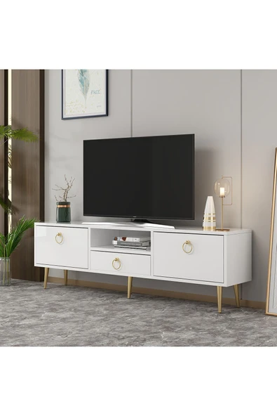 cantek dizayn Droop Tv Ünitesi 2 Kapaklı, Raflı Ve Çekmeceli Beyaz-altın ürün görseli