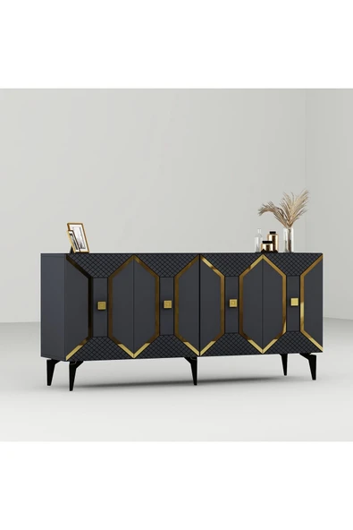 cantek dizayn YUMMEDİ PLEKSİ DESENLİ LAZER ÇİZGİLİ KONSOL ANTRASİT-ALTIN - Resim 4