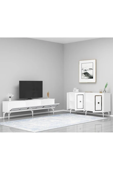 cantek dizayn Nora Tv Sehpası (ALT MODÜL) Ve Konsol 2'li Salon Takımı Beyaz-gümüş - Resim 2