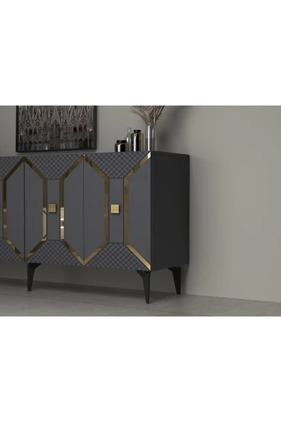 cantek dizayn YUMMEDİ PLEKSİ DESENLİ LAZER ÇİZGİLİ KONSOL ANTRASİT-ALTIN - Resim 3